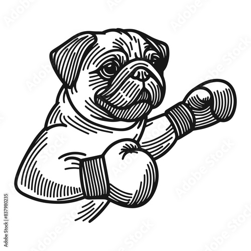 cute pug boxer, dog in boxing gloves funny sketch