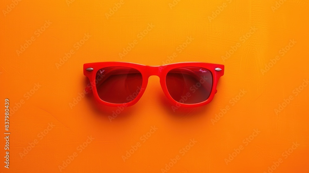 Bright red sunglasses placed on an orange background. Bright red sunglasses placed on an orange background.