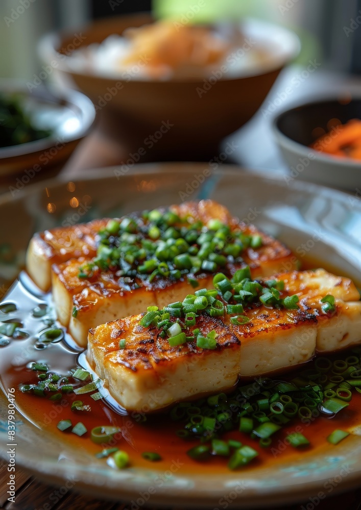 Hiyayakko - Chilled tofu topped with green onions, ginger, and soy sauce. 