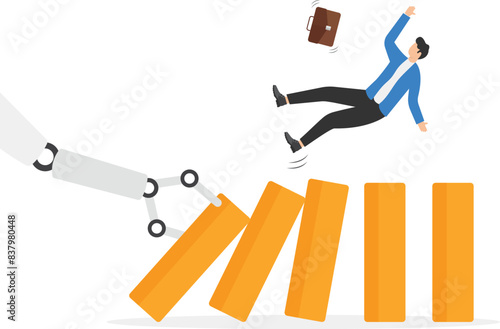 Robot arm push to collapse domino, businessman falling down. AI to disrupt human work, Artificial intelligence impact or challenge, job uncertainty future, innovation effect. Machine learning. vector
