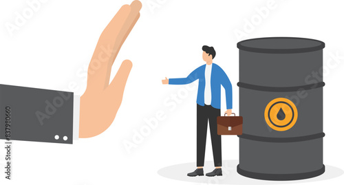 Seller hand holding oil barrels. Hand of a politician or diplomat shows a gesture - STOP. Ban on import oil, gas. Embargo, sanctions. Trade, economic wars. Flat Vector illustration
