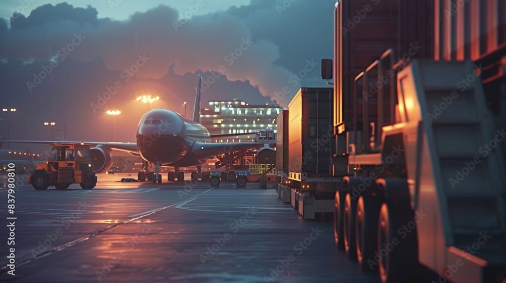 Freighter jet aircraft being loaded with cargo containers at the airport Freighter jet aircraft being loaded with cargo containers at the airport