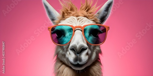 Llama wearing sunglasses against pastel background for commercial or editorial use. Concept Animal Photography, Commercial Marketing, Editorial Content, Sunglasses Fashion, Pastel Aesthetic © Anastasiia