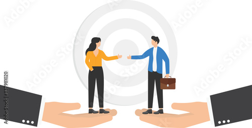Giant hands hold businesspeople making deal. Online platform or service for b2b communication. Helping businesses find partners and close profitable deals. Partners shake hands, agreement. flat vector