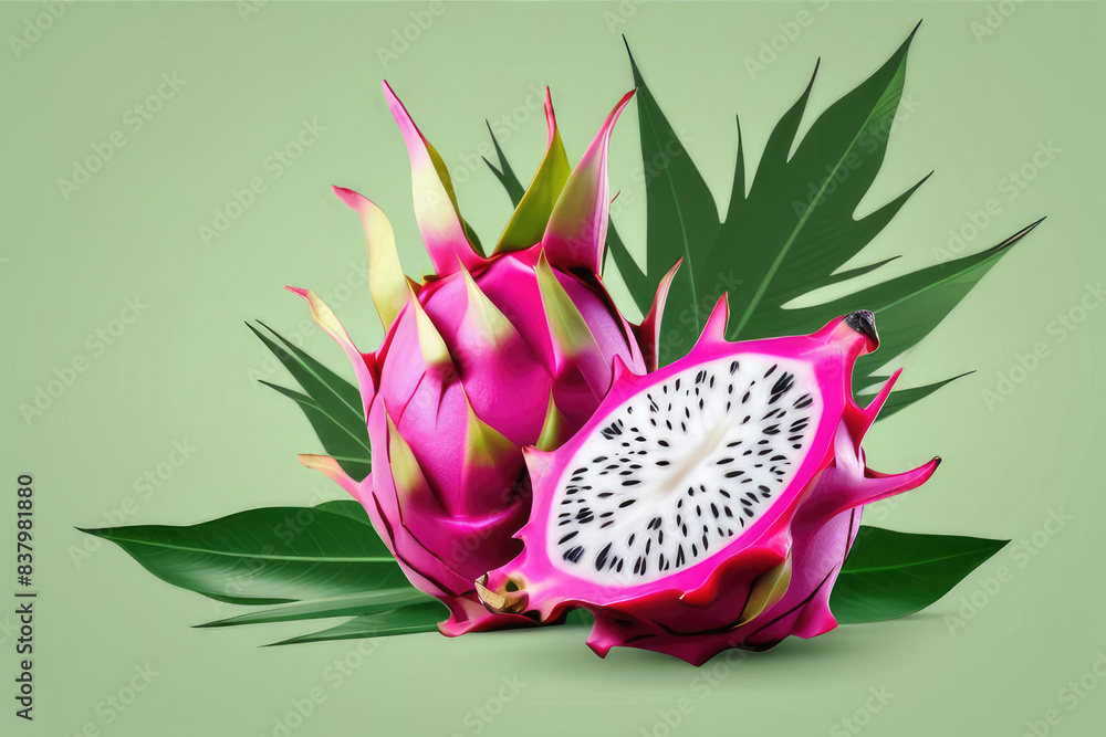 Juicy ripe flying dragon fruit, pitaya and green leaves isolated on green background. Juicy ripe flying dragon fruit, pitaya and green leaves isolated on green background.