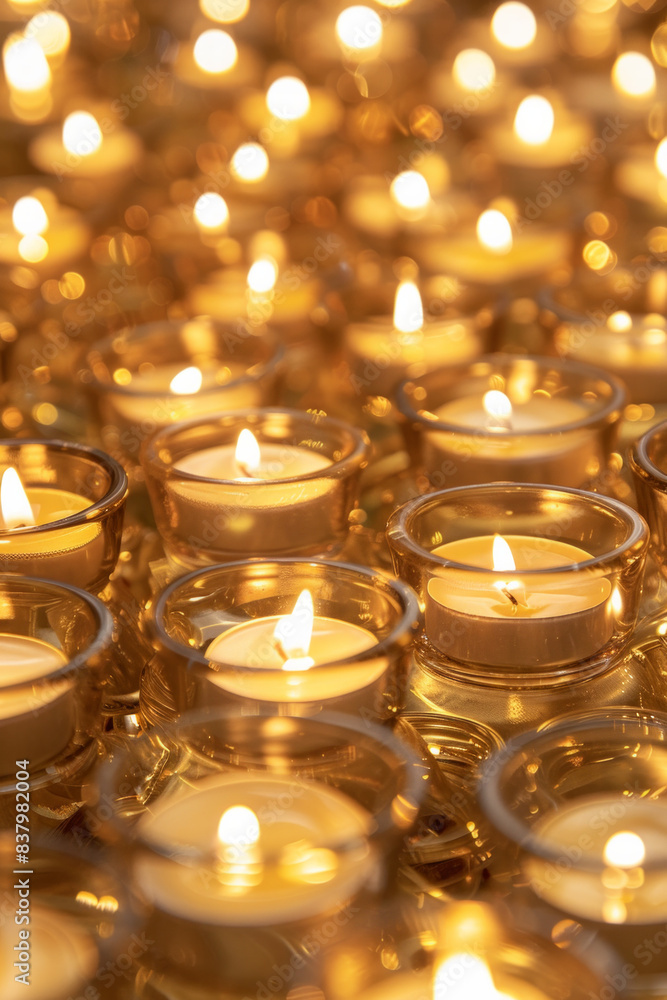 A crowded arrangement of lit tea light candles in small holders, filling the entire frame. The candles emit a warm, golden glow, creating a cozy and inviting background A crowded arrangement of lit tea light candles in small holders, filling the entire frame. The candles emit a warm, golden glow, creating a cozy and inviting background
