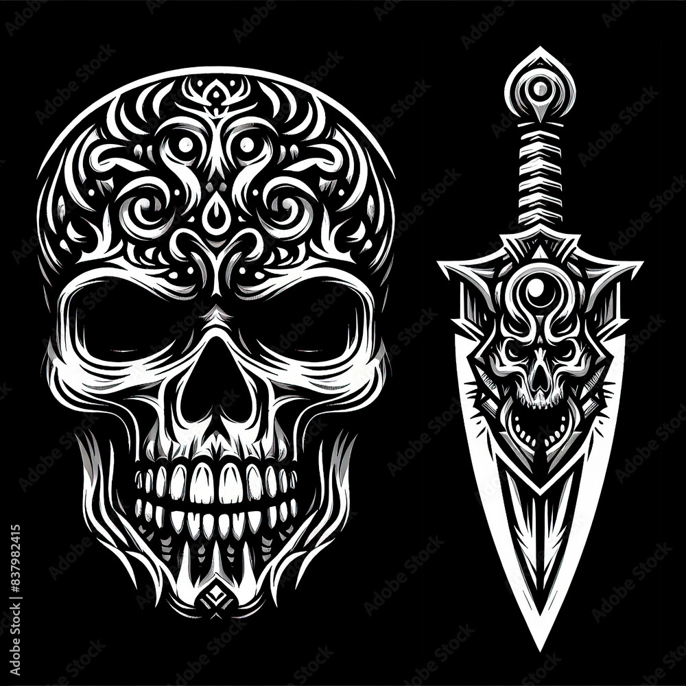 Naklejka premium Danger warrior skull vector illustration graphic with decorative colourful pattern with sword and crossbones t-shirt