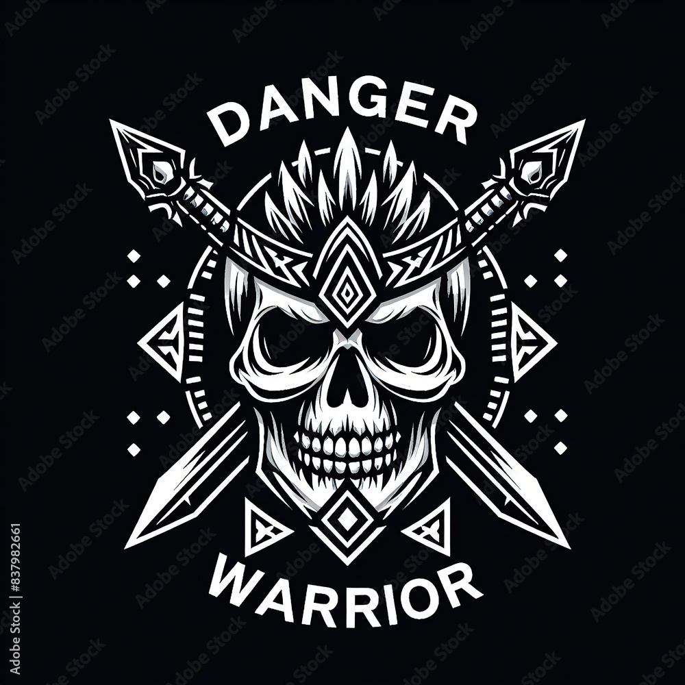 Danger warrior skull vector illustration graphic with decorative colourful pattern with sword and crossbones t-shirt Danger warrior skull vector illustration graphic with decorative colourful pattern with sword and crossbones t-shirt