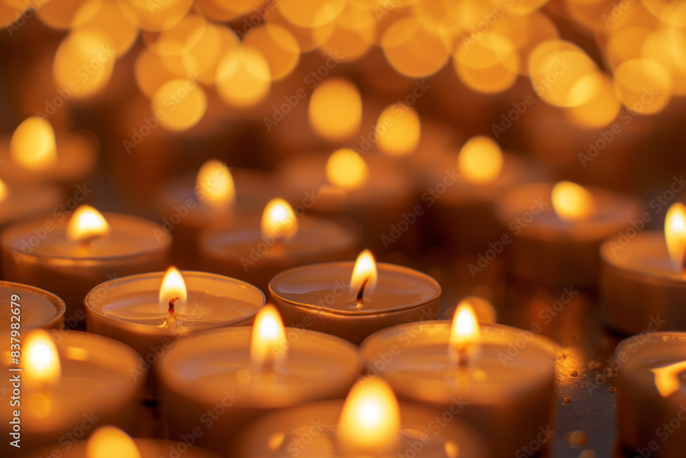 A crowded arrangement of lit tea light candles in small holders, filling the entire frame. The candles emit a warm, golden glow, creating a cozy and inviting background A crowded arrangement of lit tea light candles in small holders, filling the entire frame. The candles emit a warm, golden glow, creating a cozy and inviting background