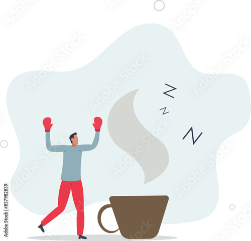 alert businessman have some coffee wearing boxing gloves to fight with lazy sleepy symbol.flat vector illustration.