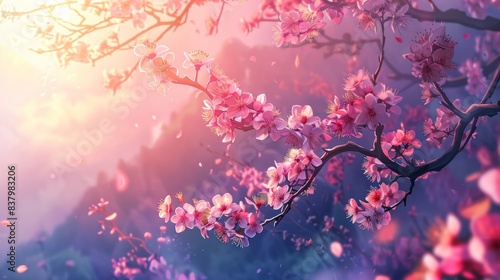 Horizontal banner featuring blooming sakura pink petals illuminated by sunlight photo