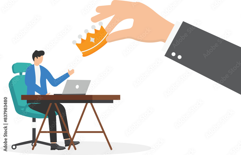 Fototapeta premium Big hand giving golden crown to businessman, illustration of business career and success concept