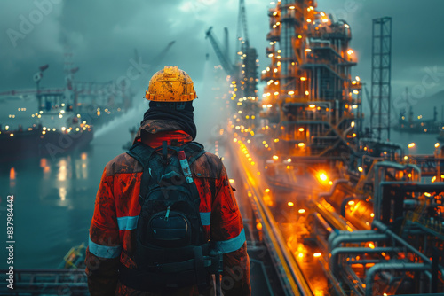 Multinational corporations and offshore operations with Create a scene of workers from multinational corporations engaged in offshore operations, with a backdrop of industrial facilities and detailed