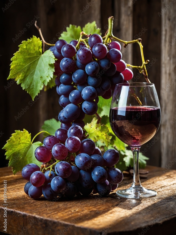 Bunch of ripe, dark purple grapes elegantly drapes over edge of rustic wooden surface. Accompanying this full glass of red wine, green grape leaf. Bunch of ripe, dark purple grapes elegantly drapes over edge of rustic wooden surface. Accompanying this full glass of red wine, green grape leaf.