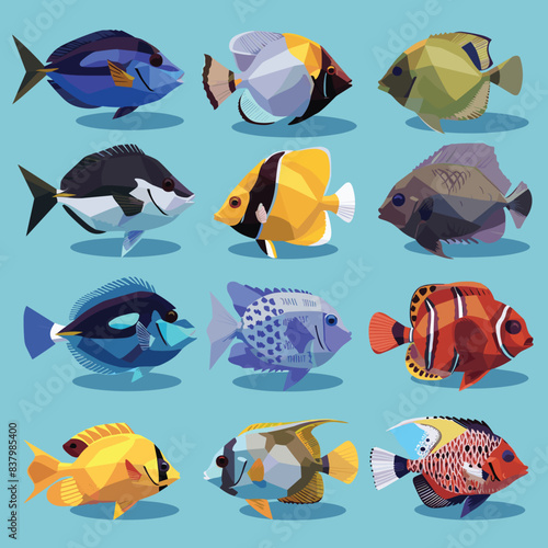 Collection colorful tropical fish illustrations blue background. Tropical fish variety, different species patterns illustrated. Geometric style design, aquatic sea life, vibrant ocean fishes