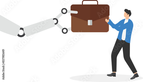 Businessman pulling business bag with robot - Tug of war. Competition Concept

