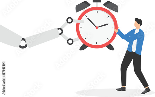 Businessman pulling clock with robot - Tug of war. Competition Concept
