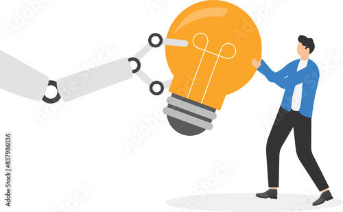Businessman pulling idea with robot - Tug of war. Competition Concept

