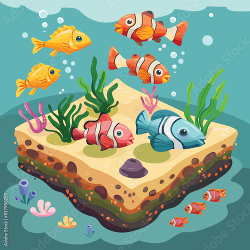 Colorful tropical fish swimming around coral reef underwater scene. Cartoon style illustration marine life various fish species aquatic plants. Vibrant underwater landscape coral, sea plants
