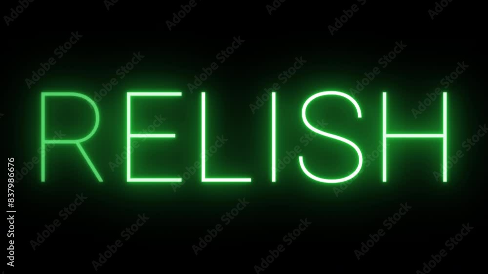 Flickering neon green glowing Relish sign animated black background Flickering neon green glowing Relish sign animated black background