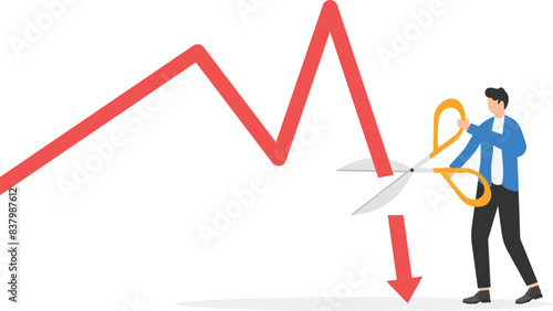 Businessman or trader uses scissors and cut falling chart. Male investor is restraint fall in stock quote. Decision of financial problems. Economic crisis. Risk management. Stop loss. Flat vector

