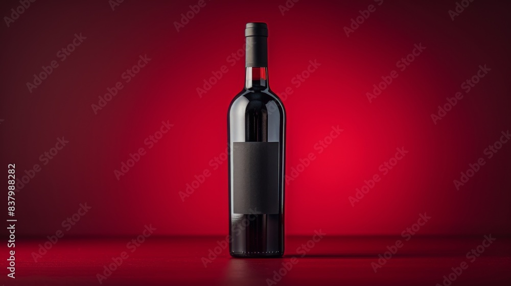 Close up of a blank black label on a bottle of red wine, on a red background Close up of a blank black label on a bottle of red wine, on a red background