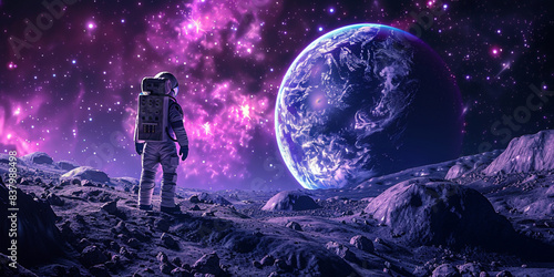 A purple and pink nebula with an astronaut standing on the edge of it, dark fantasy © GaMe