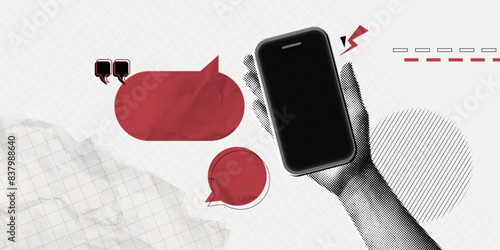 Trendy Halftone Collage Hand holds Phone with red speech bubble messages. Online communication. Social media chatting. Smartphone with empty screen. Contemporary vector art illustration