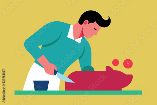 a cook busy preparing food. He is wearing an apron and slicing, raw meat on a cutting board. There are various ingredients and items for cooking around.