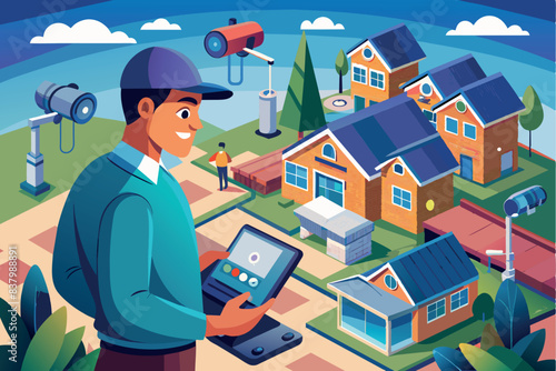 The illustration shows a residential neighborhood with smart homes. A man is installing and configuring cameras. the theme is home automation and smart living.