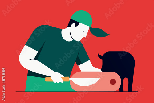 a cook busy preparing food. He is wearing an apron and slicing, raw meat on a cutting board. There are various ingredients and items for cooking around.
