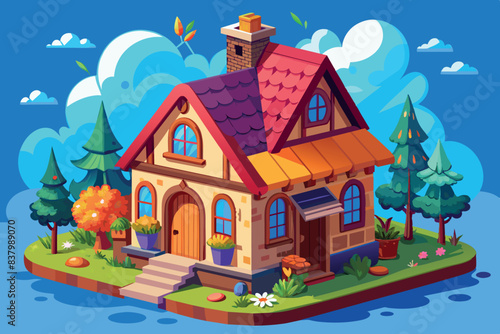 A two-story house with a prominent chimney and a window in the attic. There are green bushes growing on either side. The background is simple