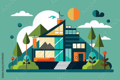 Modern two-story house with large glass windows. It is surrounded by various trees and in front of the house there is a swimming pool with a waterfall.