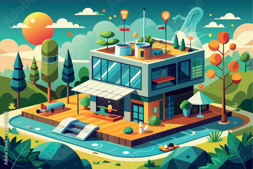 Modern two-story house with large glass windows. It is surrounded by various trees and in front of the house there is a swimming pool with a waterfall.