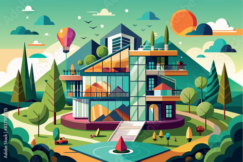 Modern two-story house with large glass windows. It is surrounded by various trees and in front of the house there is a swimming pool with a waterfall.