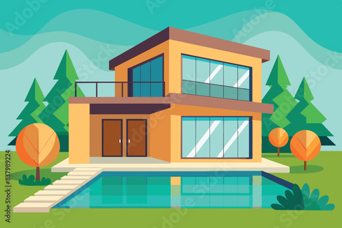 Modern two-story house with large glass windows. It is surrounded by various trees and in front of the house there is a swimming pool with a waterfall.