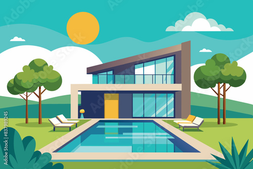 Modern two-story house with large glass windows. It is surrounded by various trees and in front of the house there is a swimming pool with a waterfall.