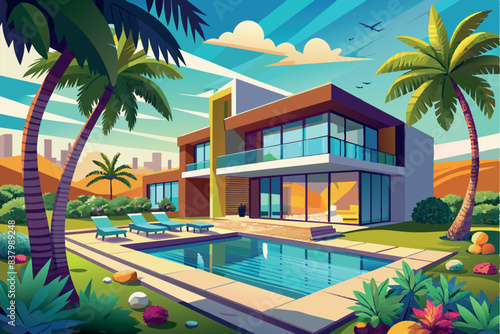 Modern two-story house with large glass windows. It is surrounded by various trees and in front of the house there is a swimming pool with a waterfall.