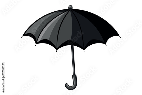 A black umbrella with a glossy surface. It has a curved handle, which is made of wood. theme design and functionality of an everyday item used to protect from rain or sunlight.