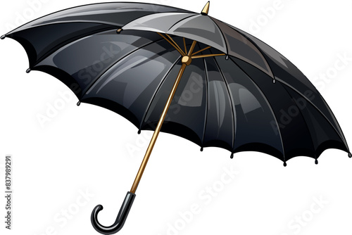 A black umbrella with a glossy surface. It has a curved handle, which is made of wood. theme design and functionality of an everyday item used to protect from rain or sunlight.