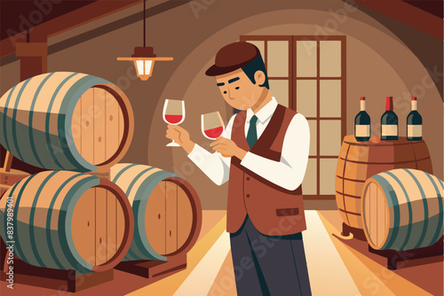 A wine cellar where the winemaker holds a glass of red wine and checks its quality. There are wooden barrels standing around him.  Bottles can be seen on the floor next to the barrels.