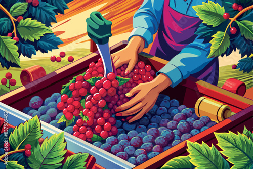 hands busy picking grapes. One can see ripe purple bunches being cut with scissors and put into a blue container. the theme is abundance of fruit and activity of harvesting.