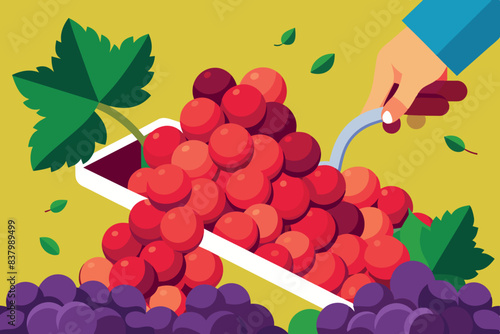 hands busy picking grapes. One can see ripe purple bunches being cut with scissors and put into a blue container. the theme is abundance of fruit and activity of harvesting.
