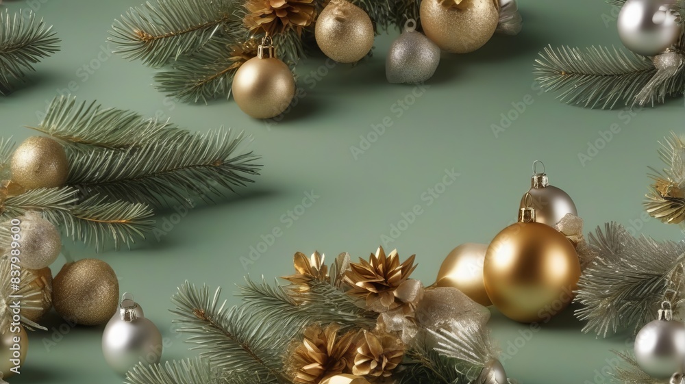 Green snow drifts and snowflakes greeting card. Different sweets and Christmas balls and snowflakes hanging toys. Vector illustration. Banner template, greeting card for Christmas or New Year Green snow drifts and snowflakes greeting card. Different sweets and Christmas balls and snowflakes hanging toys. Vector illustration. Banner template, greeting card for Christmas or New Year
