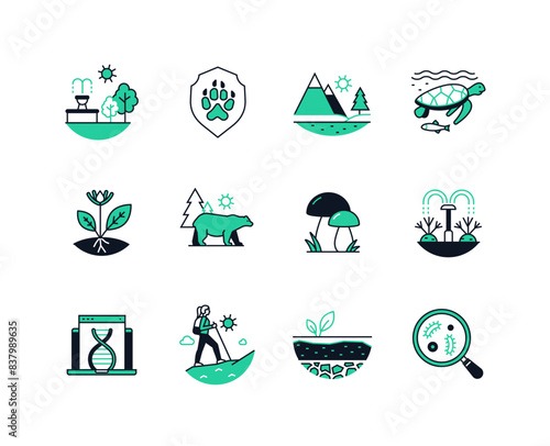 Preserve and protect nature - line design style icons set with editable stroke. National park, protected area, rare plants, inhabitants of the ocean, the world of bacteria, restore the soil layer