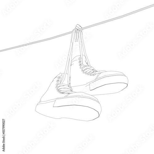 Contour Sneakers hanging from a rope on the white background. Vector illustration.