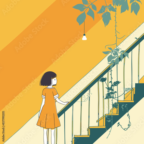 Young girl standing stairs, touching railing, looking away. Orange dress, short dark hair, indoor staircase scene, house plants, hanging light bulb. Illustration yellow, orange tones, modern simple
