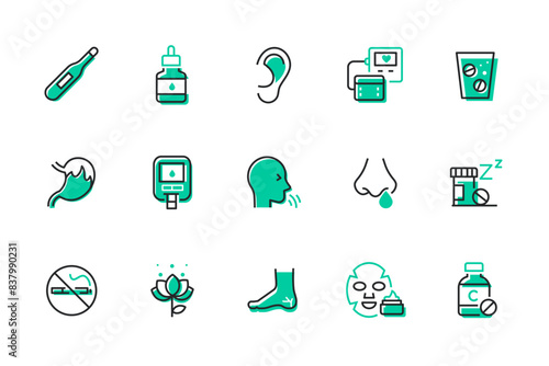 Medicine and health care - set of line design style icons isolated on white background. Drug categories idea. Images of thermometer, sick, cough, painkiller, no smoking, face cream and beauty idea