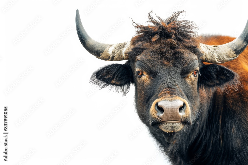 Mystic portrait of Gaur, copy space on right side, Anger, Menacing, Headshot, Close-up View Isolated on white background Mystic portrait of Gaur, copy space on right side, Anger, Menacing, Headshot, Close-up View Isolated on white background