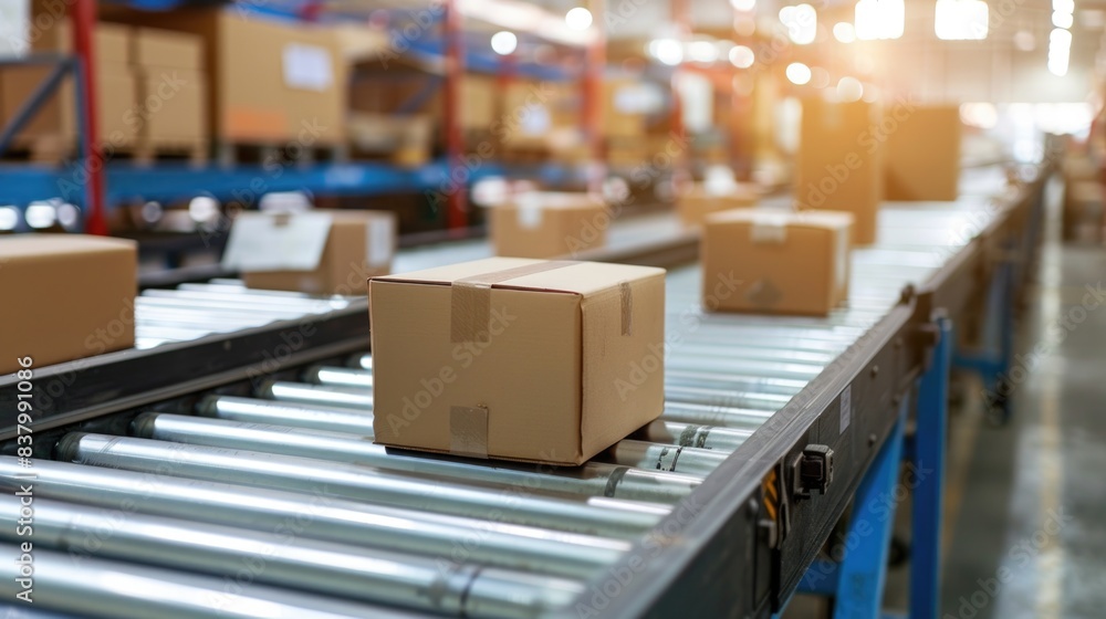 Packages on the production line in a warehouse Packages on the production line in a warehouse